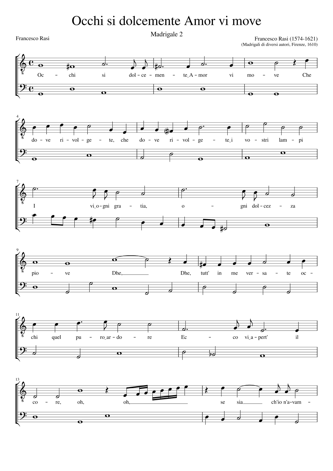 Occhi si dolcement'Amor si move (arr. Early Music Scores)