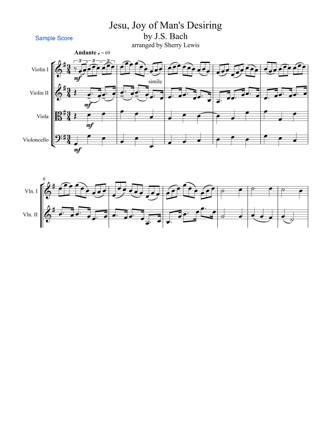 JESU, JOY OF MAN'S DESIRING - String Quartet, Intermediate Level of 2 violins, viola and cello (arr. Sherry Lewis Publishing)