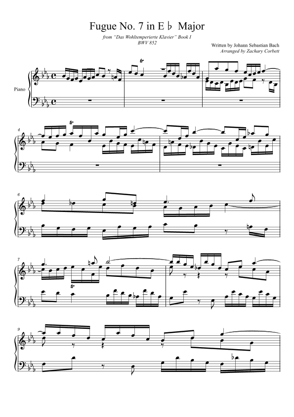 Fugue No. 7 BWV 852 in Eb Major (arr. Zachary Corbett)