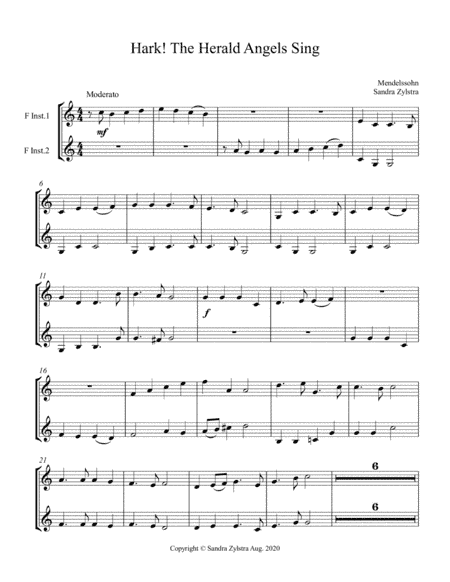 Hark! The Herald Angels Sing (treble F instrument duet, parts only) (arr. Sandra Zylstra)