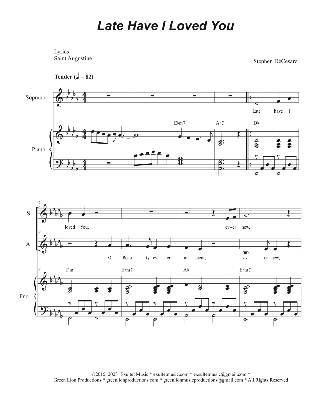 Late Have I Loved You (Duet for Soprano and Alto solo)