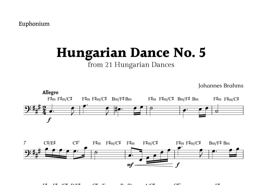 Hungarian Dance No. 5 by Brahms for Euphonium Solo with Chords (arr. Rika K.)