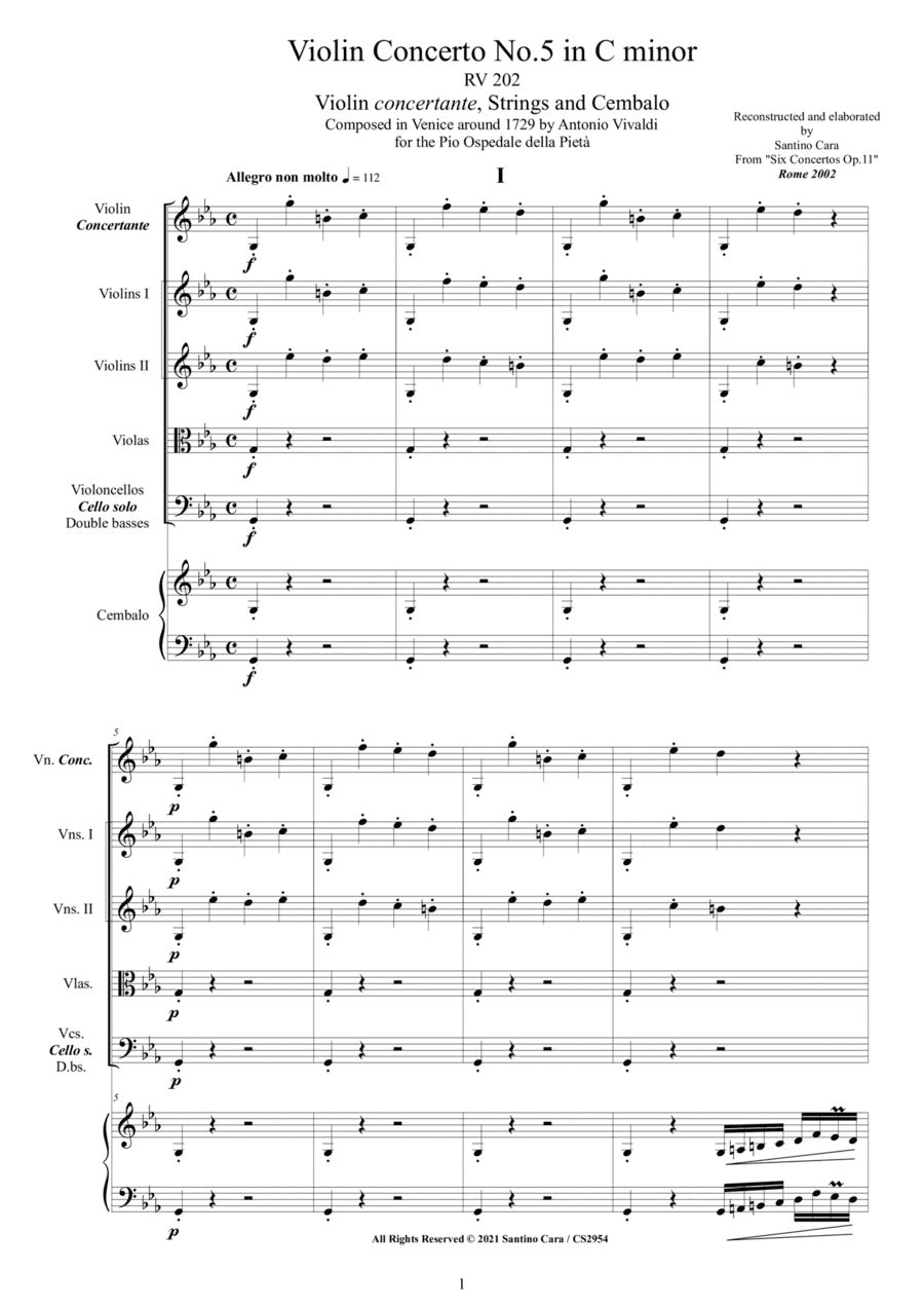 Vivaldi - Violin Concerto No.5 in C minor RV 202 Op.11 for Violin, Strings and Cembalo (arr. Santino Cara)