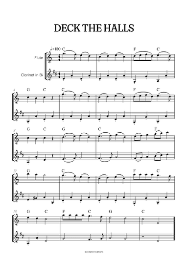 Deck the Halls flute and clarinet duet • easy Christmas song sheet music with chords (arr. Benzaiten Editions)
