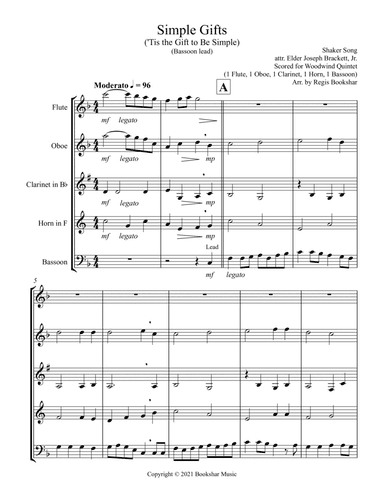 Simple Gifts ('Tis the Gift to Be Simple) (F) (Woodwind Quintet - 1 Flute, 1 Oboe, 1 Clar, 1 Hrn, 1 (arr. Regis Bookshar)