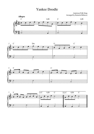 Yankee Doodle (for easy piano with chords) (arr. Kaiserin Rebecca)