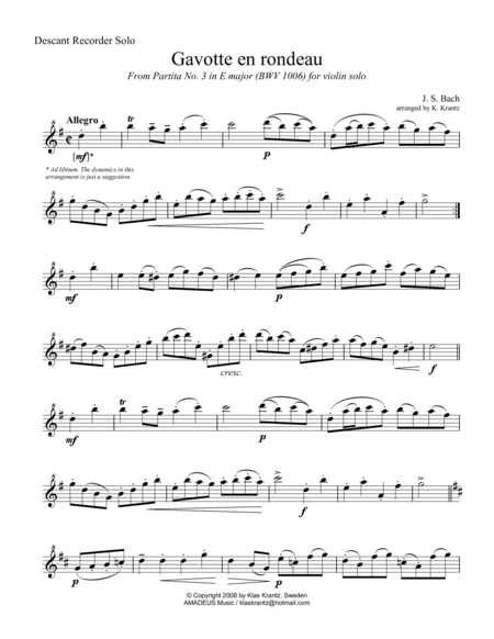 Gavotte en rondeau BWV 1006 for descant recorder solo (arr. K. Krantz)