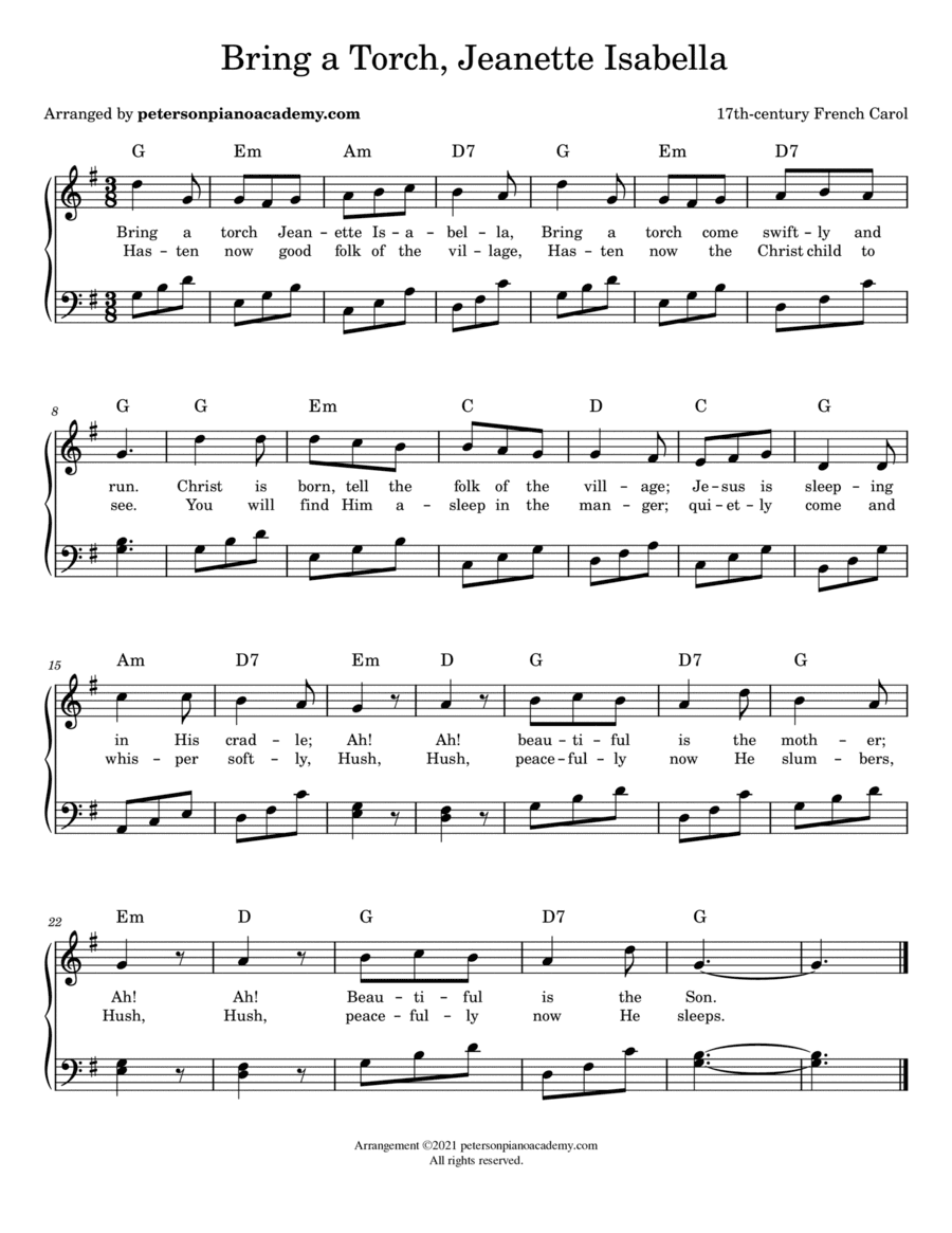 Bring a Torch, Jeanette, Isabella (Piano/Vocal/Chords) (arr. petersonpianoacademy.com)