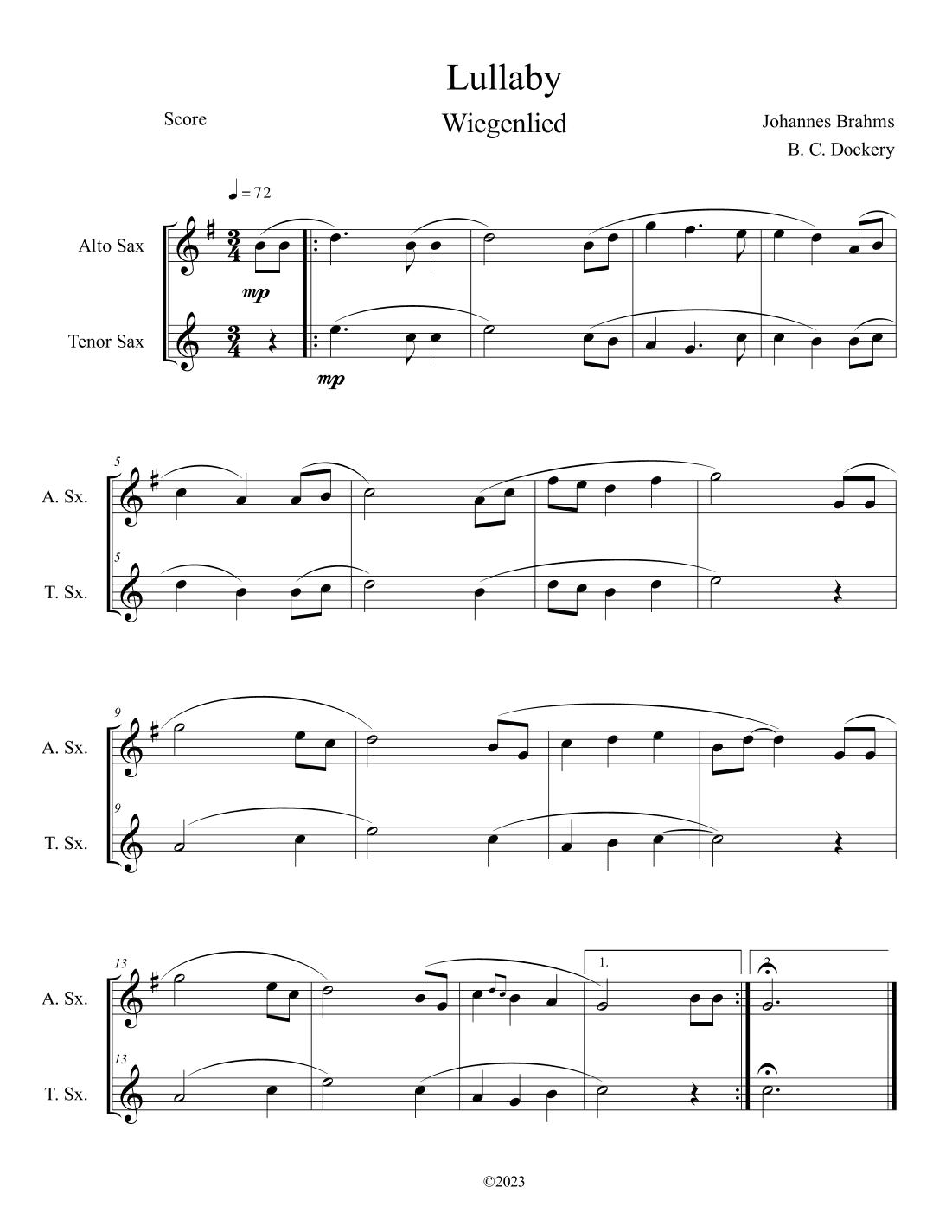 Brahms's Lullaby (Alto and Tenor Sax Duet) (arr. B. C. Dockery)