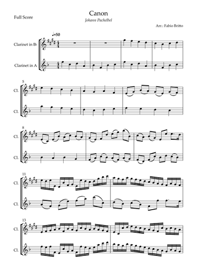 Canon - Johann Pachelbel (Wedding/Reduced Version) for Clarinet in Bb & Clarinet in A Duo (arr. Fabio Britto)