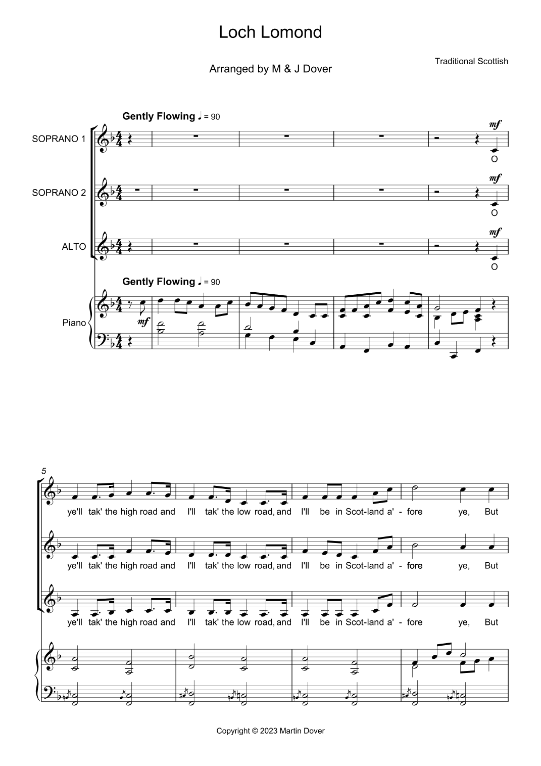 Loch Lomond - 3 Part Choir - SSA - Upper Voices (arr. M & J Dover)