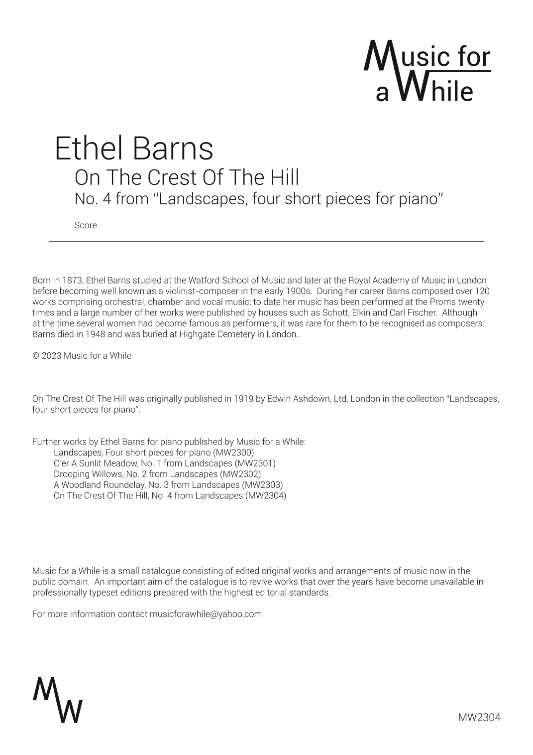Ethel Barns - On The Crest Of The Hill, No. 4 from "Landscapes, four short pieces for piano" (arr. Music for a While)