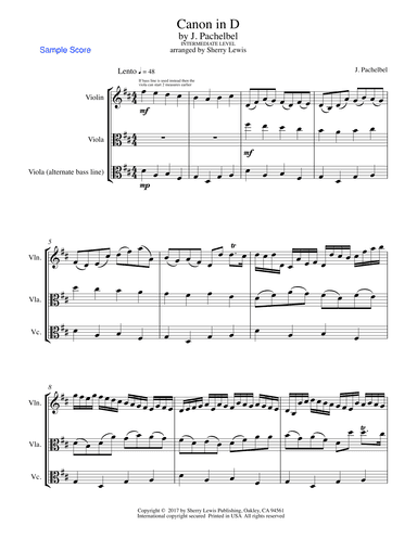 CANON IN D, Duo for Violin and Viola (includes optional viola part performing the original bass line (arr. Sherry Lewis)