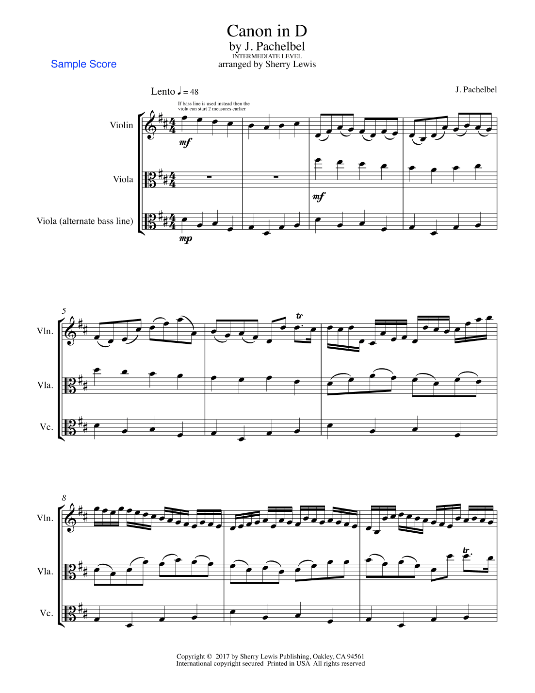 CANON IN D, Duo for Violin and Viola (includes optional viola part performing the original bass line (arr. Sherry Lewis)