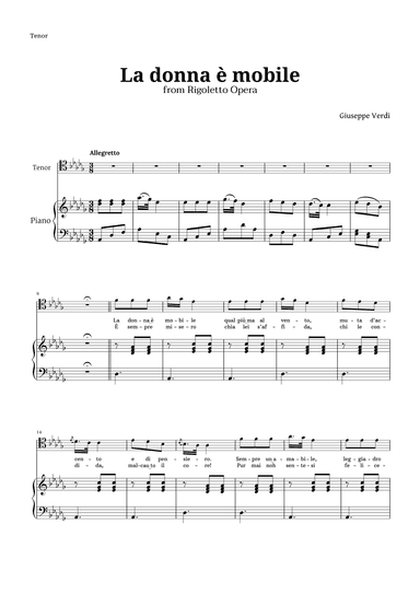 La donna è mobile in D-flat major for Tenor and Piano (arr. Langanho)