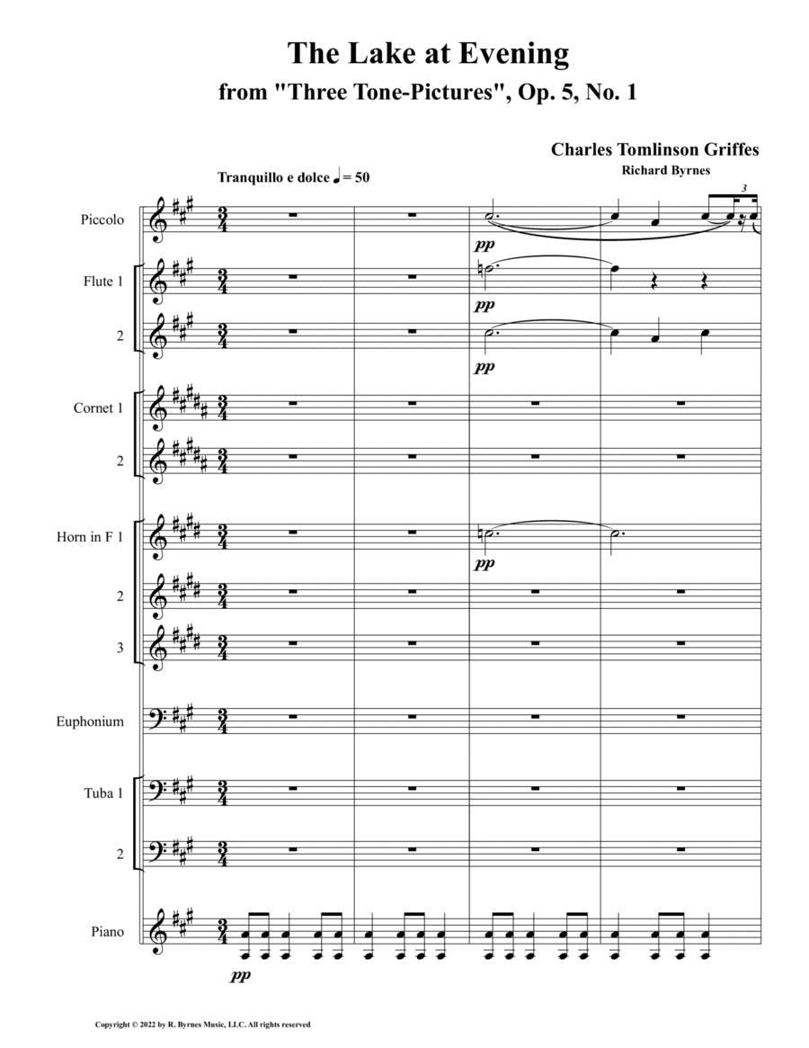 The Lake at Evening ("Three Tone Poems", Op. 5 (Brass Octet + Piccolo, 2 Flutes, & Piano) (arr. Richard Byrnes)