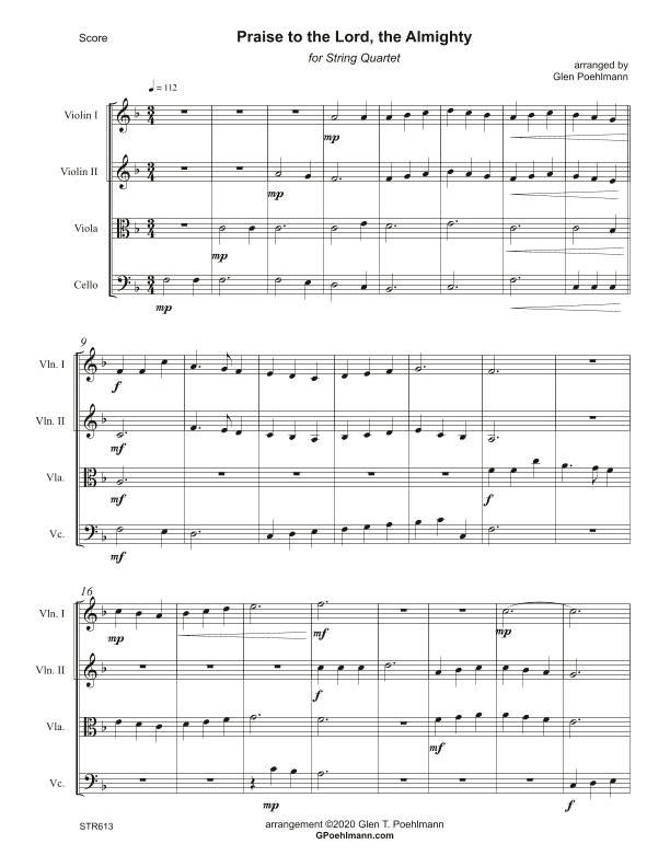 PRAISE TO THE LORD, THE ALMIGHTY - String Quartet (unaccompanied) (arr. Glen Poehlmann)