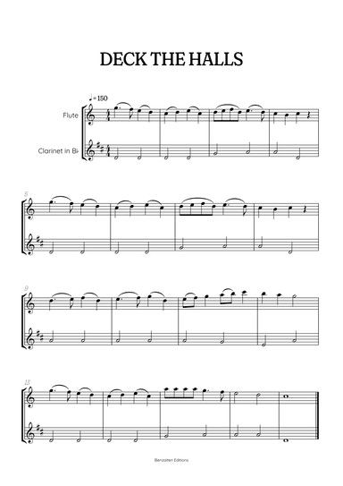 Deck the Halls for flute and clarinet duet • super easy Christmas song sheet music (arr. Benzaiten Editions)