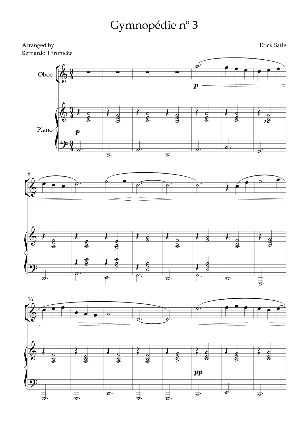 Gymnopédie nº 3 - For Oboe and Piano (arr. Bernardo Thronicke)