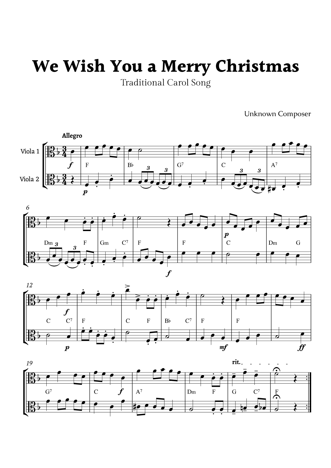 We Wish you a Merry Christmas for Viola Duet with Chords (arr. Rika K.)
