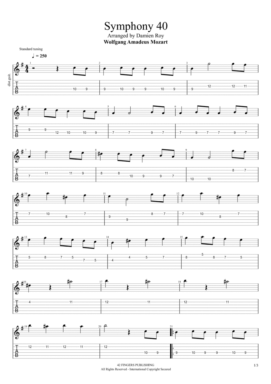 SYMPHONY 40 (EXCERPT) KV 550 ARRANGED IN Em by WOLFGANG AMADEUS MOZART FOR ELECTRIC GUITAR (arr. Damien Roy)
