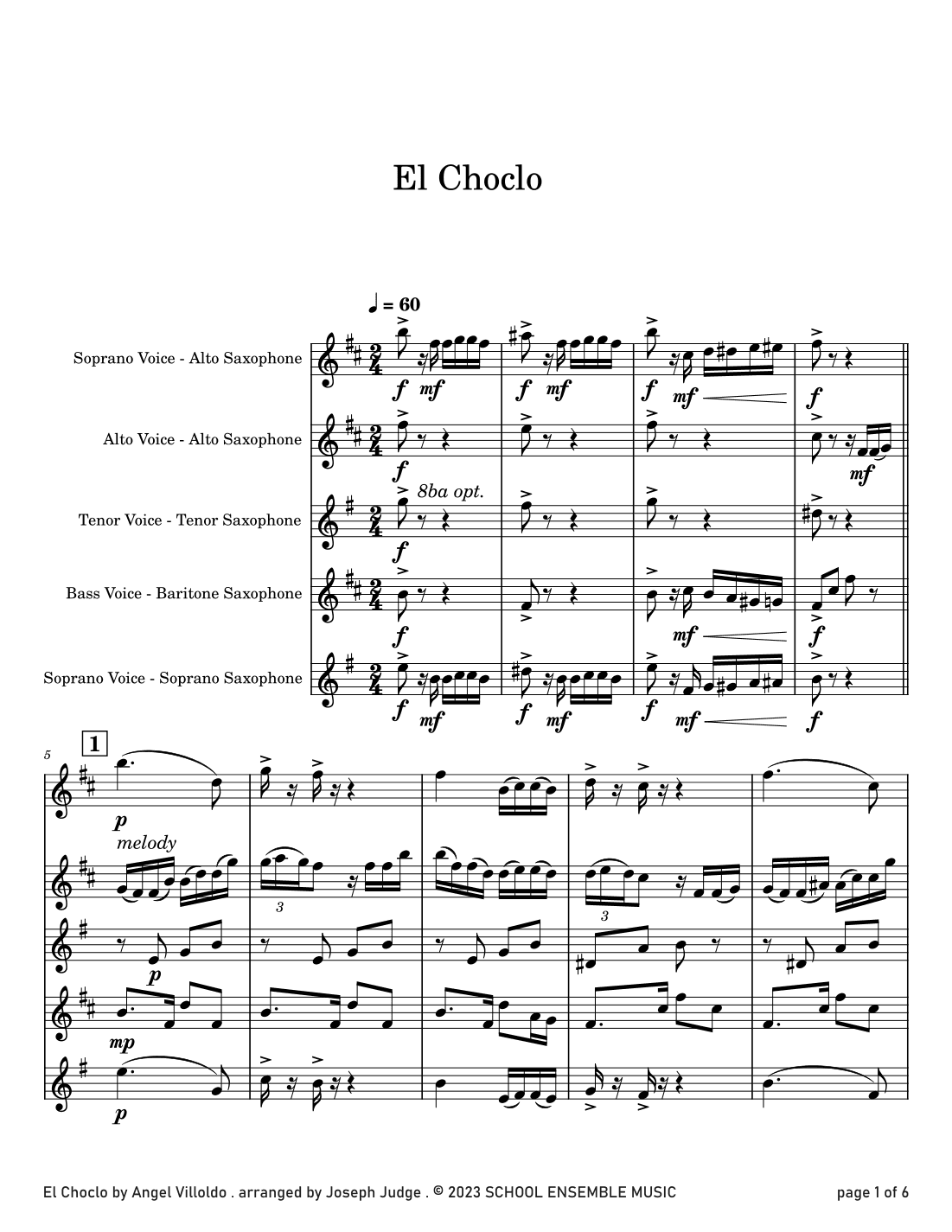 El Choclo by Villoldo for Saxophone Quartet in Schools (arr. Joseph Judge)
