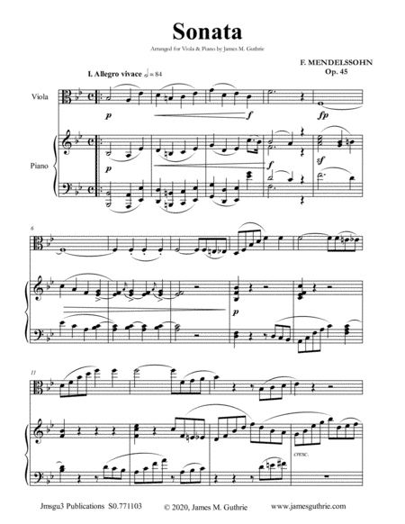 Mendelssohn: Sonata Op. 45 for Viola & Piano (arr. James Guthrie, ASCAP)