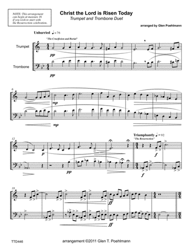 CHRIST THE LORD IS RISEN TODAY - TRUMPET & TROMBONE (unaccompanied) (arr. Glen Poehlmann)