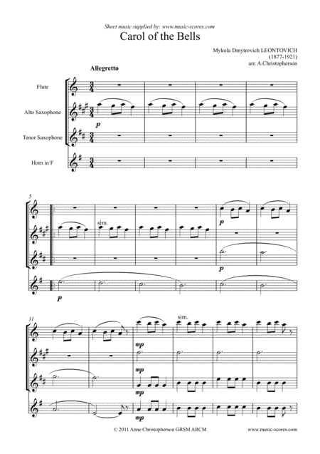 Carol of the Bells - Flute, Alto Sax, Tenor Sax, French Horn (arr. Anne L Christopherson GRSM ARCM)