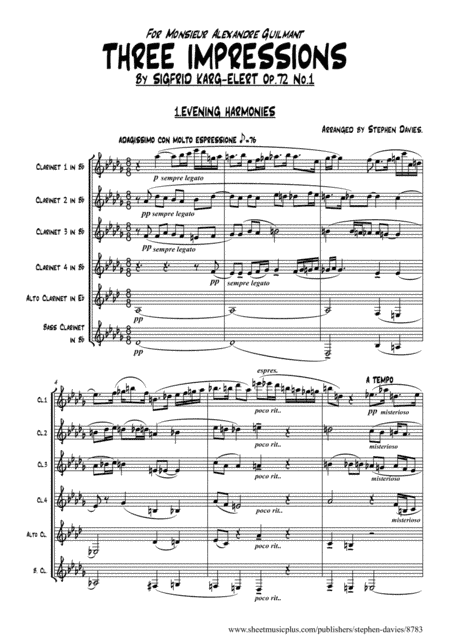 'Three Impressions' by Sigfrid Karg-Elert for Clarinet Sextet, arranged by Stephen Davies. (arr. Stephen Davies)
