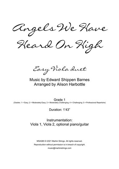 Angels We Have Heard On High - easy viola duet (arr. Alison Harbottle)