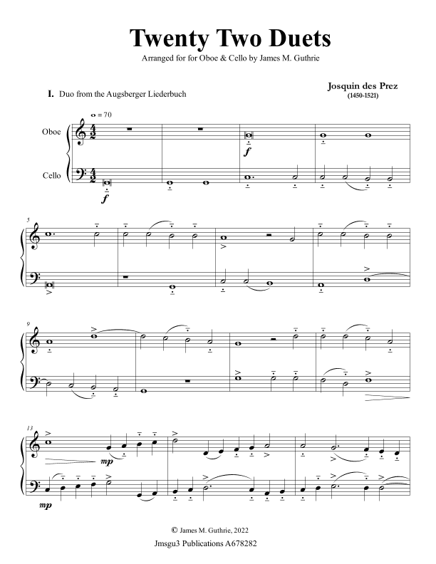 Josquin: 22 Duets for Oboe & Cello (arr. James M. Guthrie)