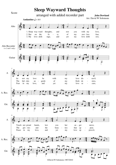 Sleep wayward thoughts - version for low voice, recorder and guitar (arr. David Warin Solomons)