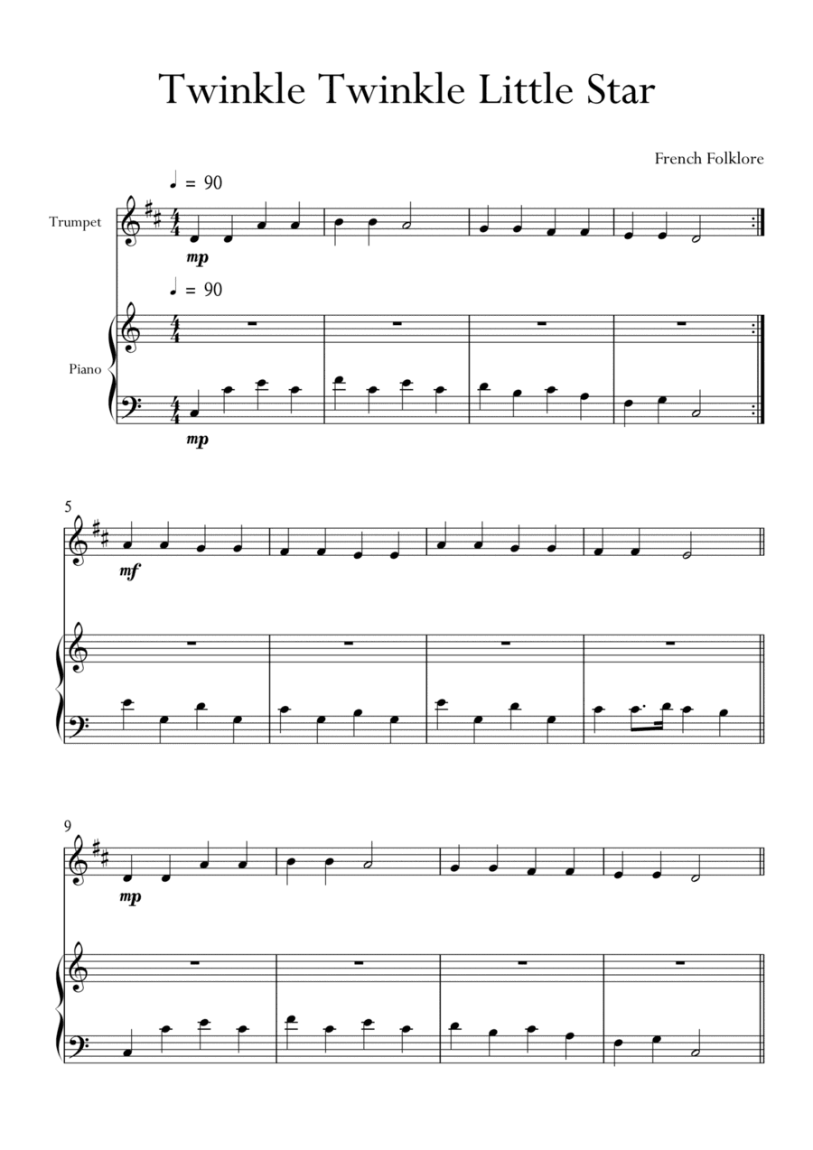 Twinkle Twinkle Little Star in C Major for Trumpet and Piano. Very Easy. (arr. Matheus Araújo)