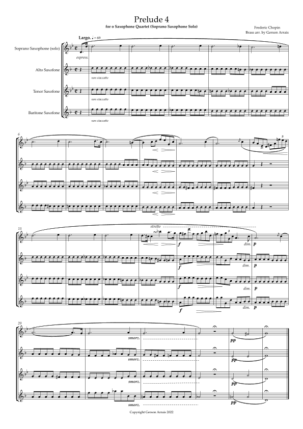 Chopin Prelude 4 for Saxophone Quartet (Soprano Saxophone Solo) (arr. Gerson Arrais)