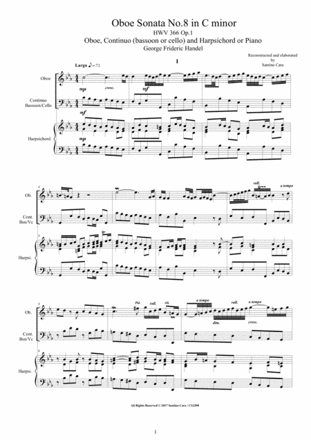 Handel - Oboe Sonata No.8 in C minor HWV 366 Op.1 for Oboe, Continuo and Harpsichord or Piano (arr. Santino Cara)