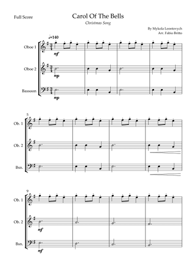 Carol Of The Bells (Christmas Song) for Woodwind Trio (arr. Fabio Britto)