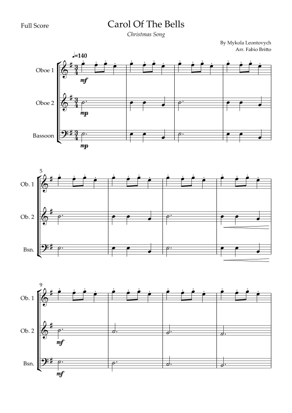 Carol Of The Bells (Christmas Song) for Woodwind Trio (arr. Fabio Britto)