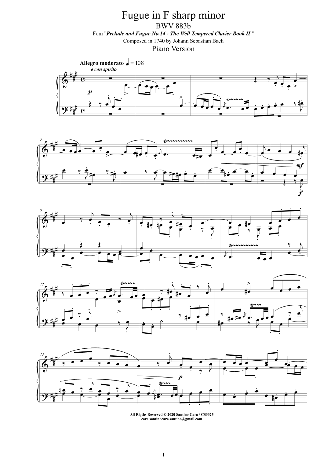 Bach - Fugue in F sharp minor BWV 883b - Piano version (arr. Santino Cara)