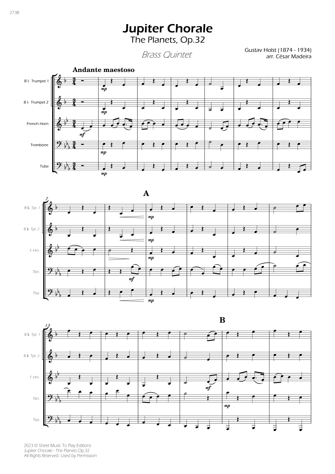 Jupiter Chorale from The Planets - Brass Quintet (Full Score) - Score Only (arr. César Madeira)