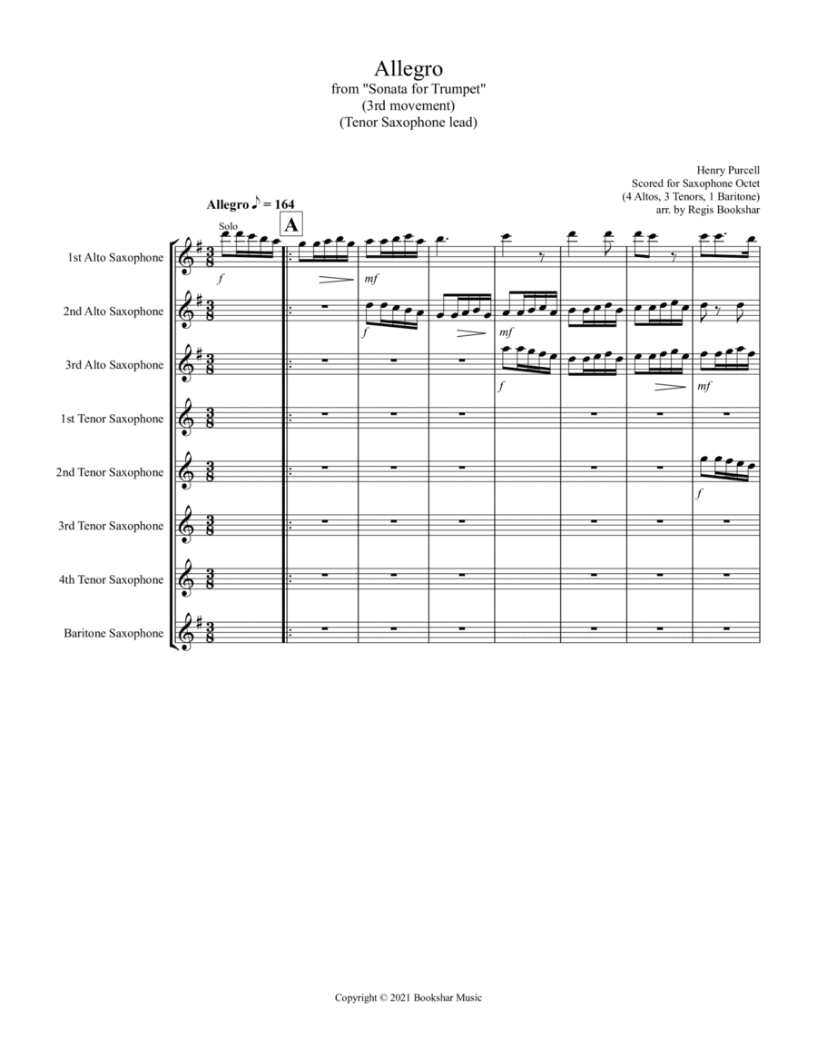 Allegro (from "Sonata for Trumpet") (Bb) (Saxophone Octet - 3 Alto, 4 Tenor, 1 Bari) (Tenor lead) (arr. Regis Bookshar)