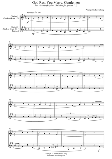 God Rest You Merry, Gentlemen (for clarinet (Bb) duet, suitable for grades 1-5) (arr. Edwin Sung)