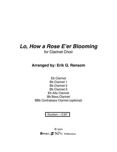 Lo, How a Rose E'er Blooming for Clarinet Choir (arr. Erik Q. Ransom)
