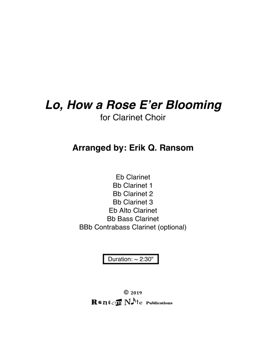 Lo, How a Rose E'er Blooming for Clarinet Choir (arr. Erik Q. Ransom)