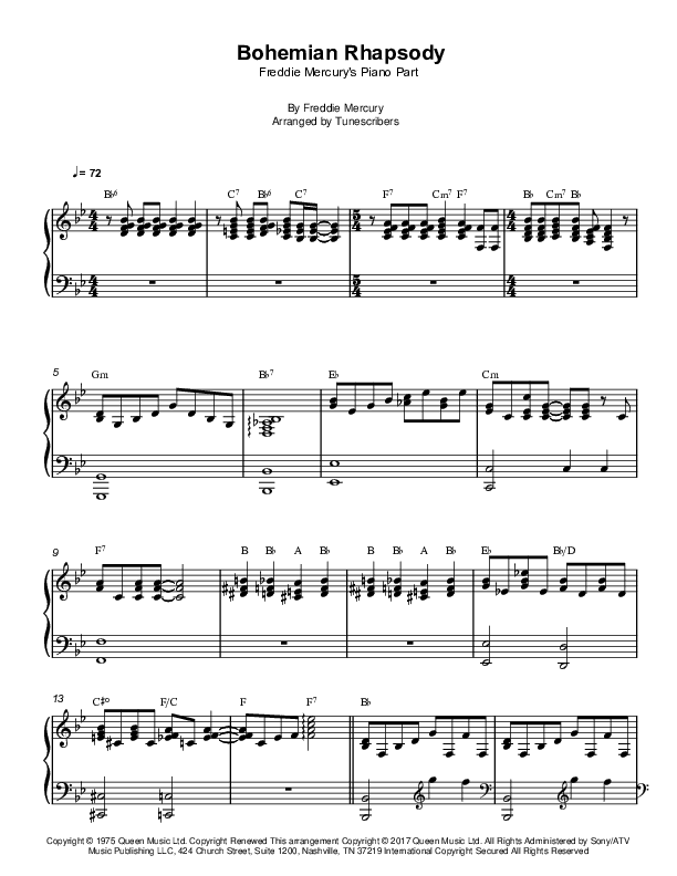 Bohemian Rhapsody, Freddie Mercury's piano part (arr. Tunescribers)