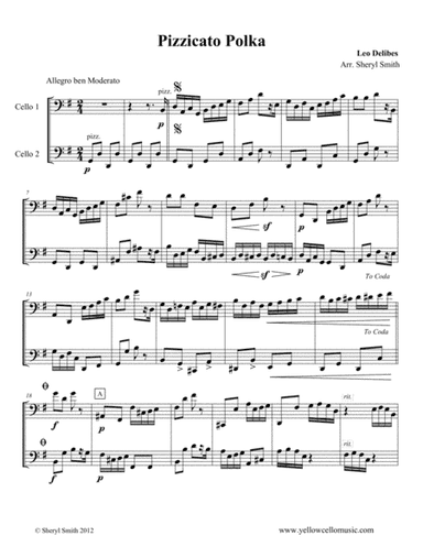 Pizzicato Polka arranged for two cellos (cello duo / duet) (arr. Yellow Cello Music)