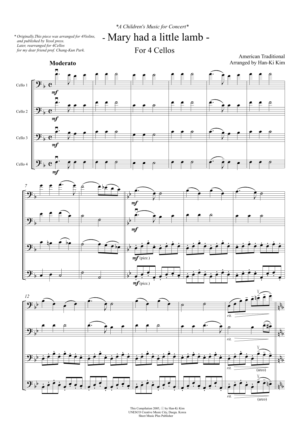 Mary had a little lamb (For 4 Cellos) (arr. Han-Ki Kim)