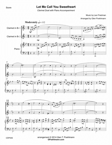 LET ME CALL YOU SWEETHEART - CLARINET DUET with Piano Accompaniment (arr. Glen Poehlmann)