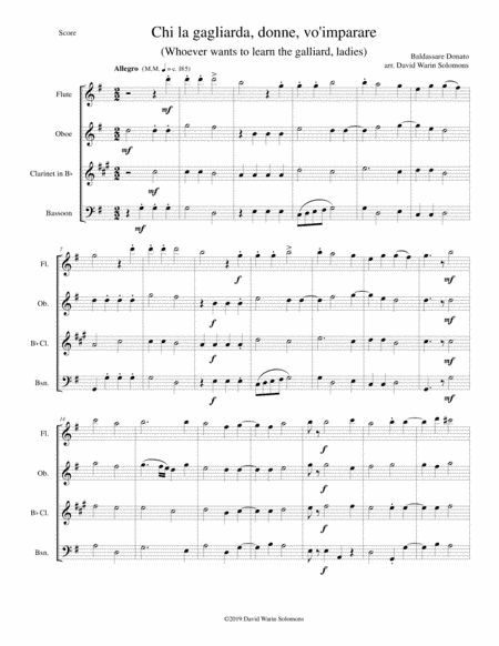 Chi la gagliarda (Whoever wants to learn the galliard) arranged for wind quartet (arr. David Warin Solomons)