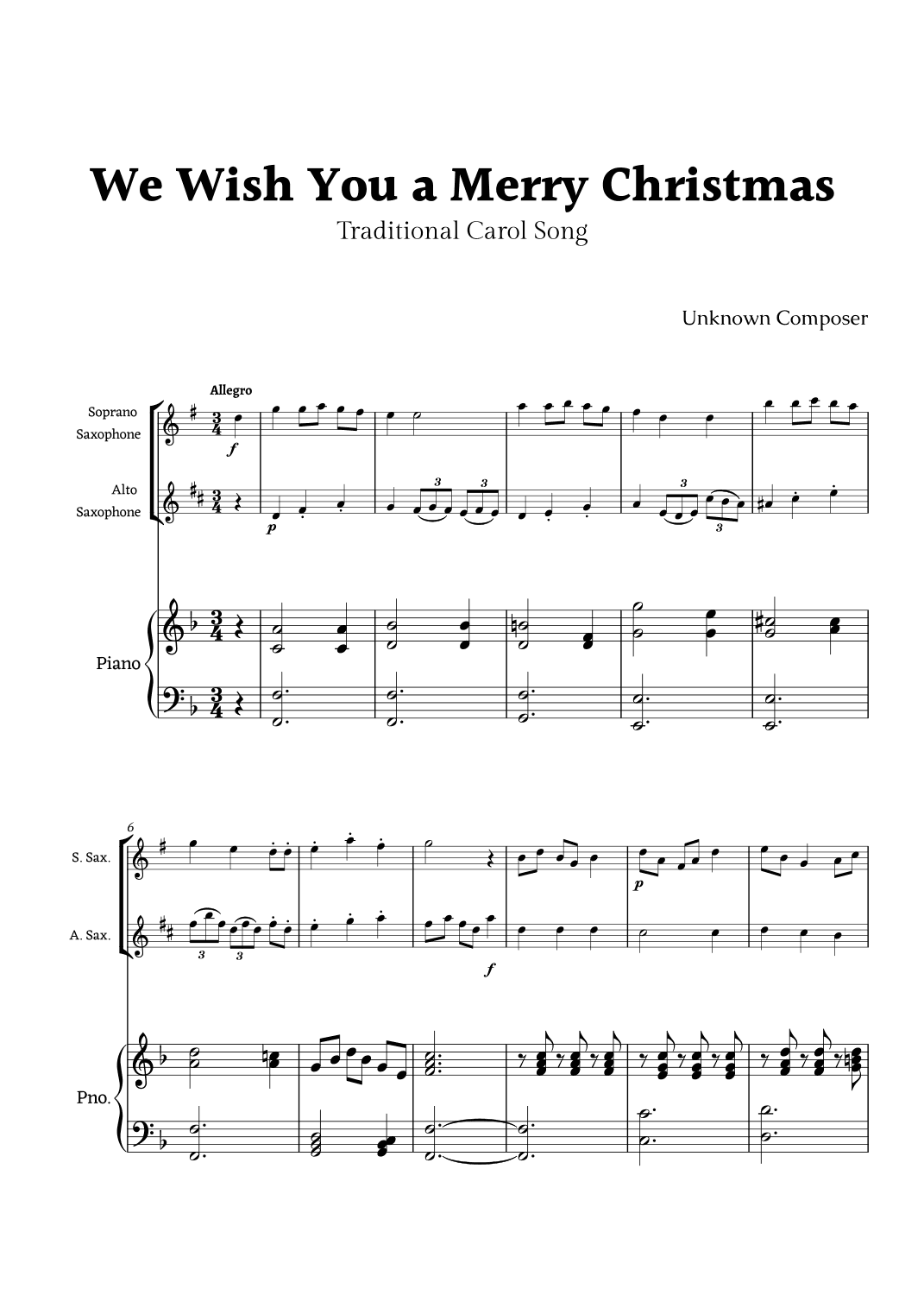We Wish you a Merry Christmas for Soprano Sax and Alto Sax Duet with Piano (arr. Rika K.)